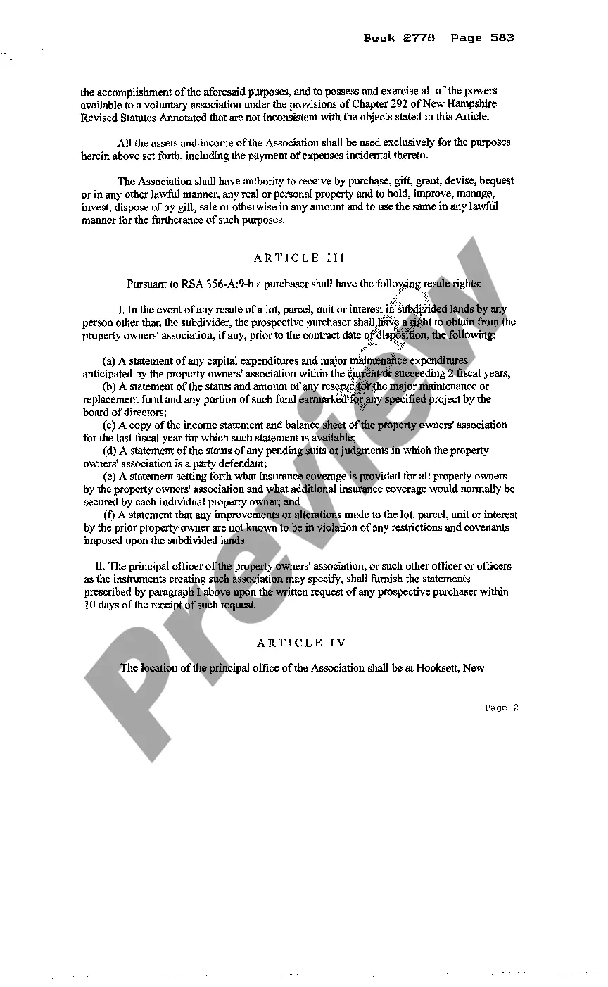 Preview Articles of Organization of Homeowners Association