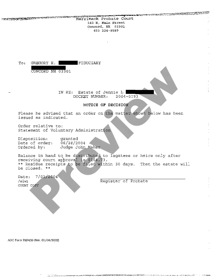 Preview A01 Statement of Voluntary Administration regarding Probate of Will