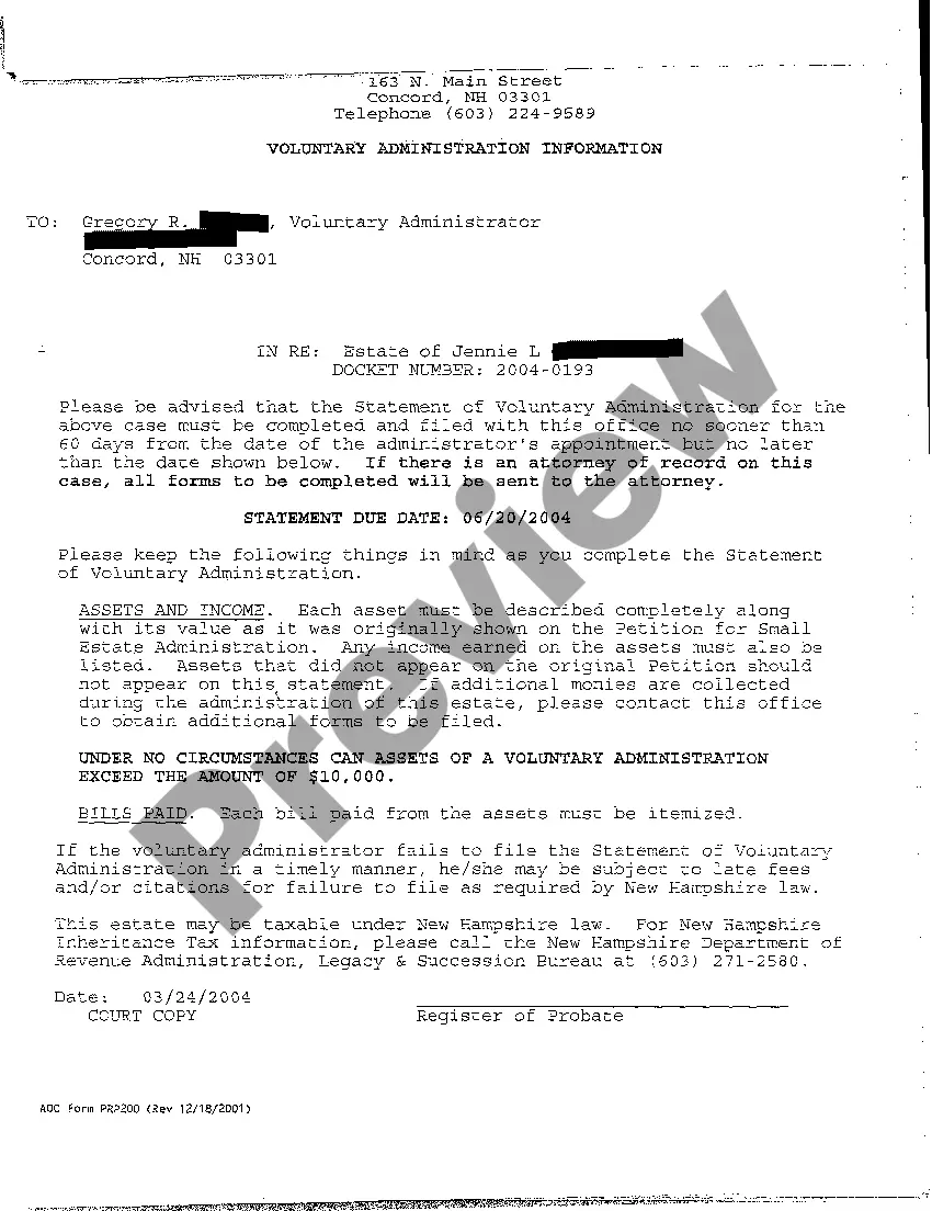 Preview A01 Statement of Voluntary Administration regarding Probate of Will