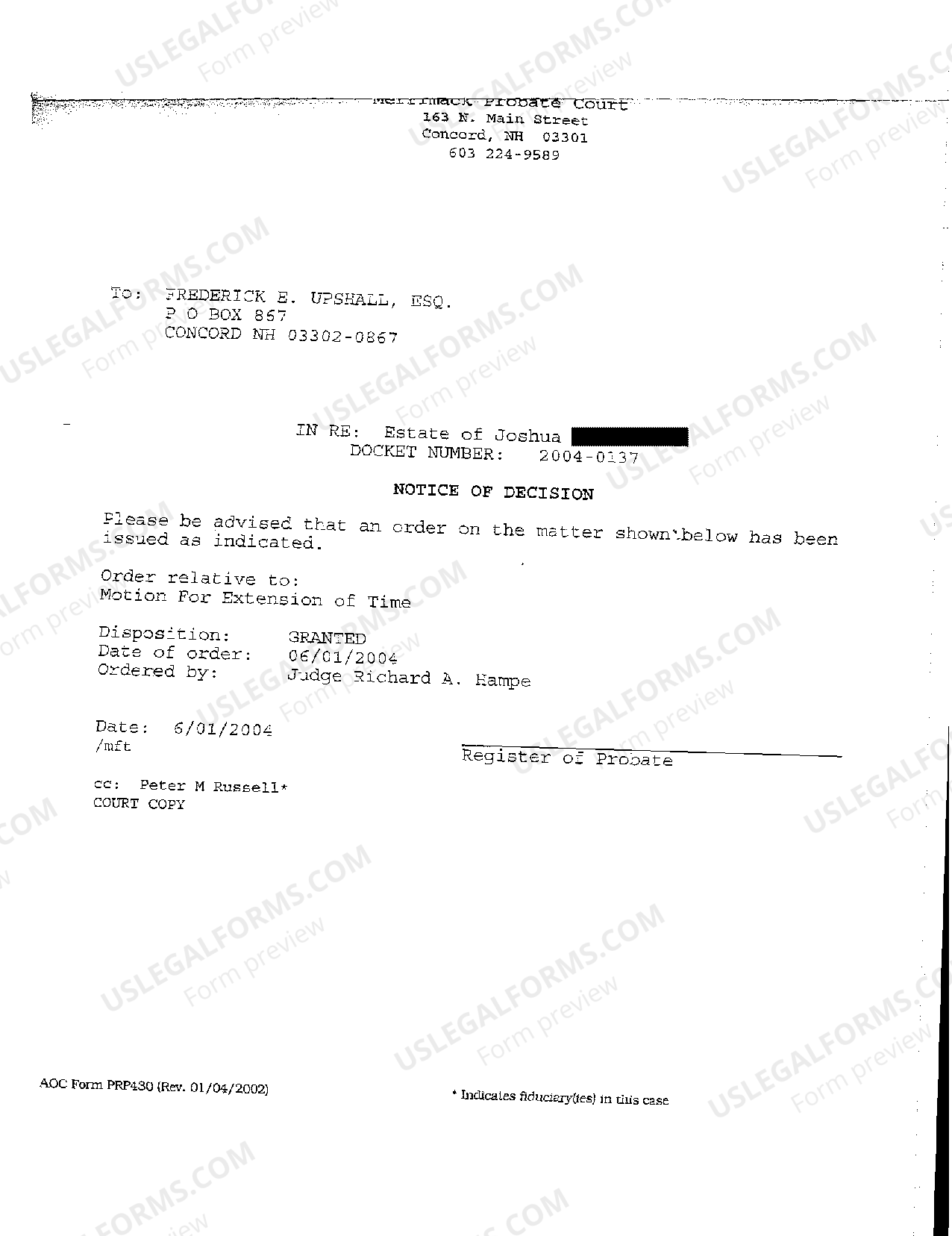 New Hampshire Notice of Decision regarding Estate Administration Without Will US Legal Forms