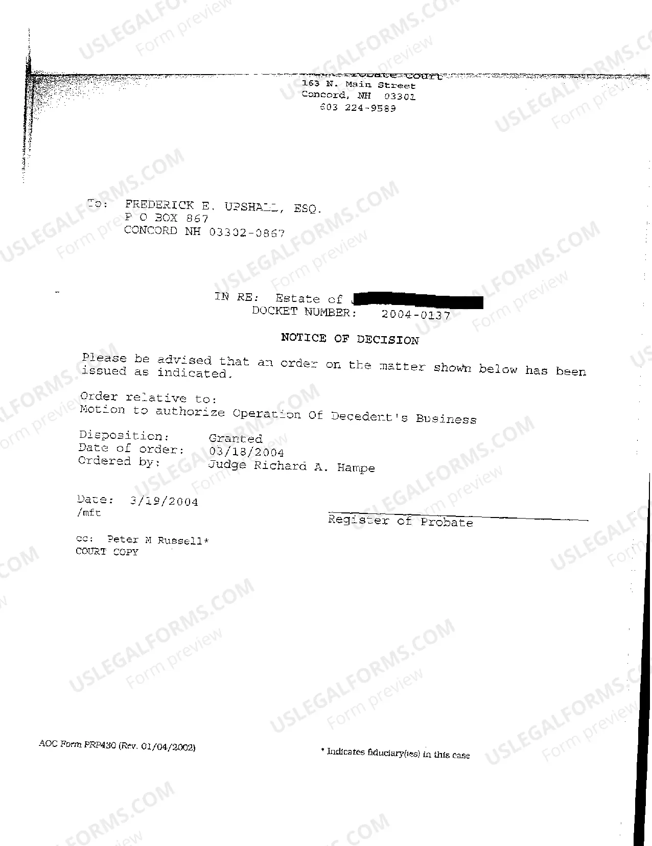 Preview A10 Notice of Decision regarding Estate Administration Without Will