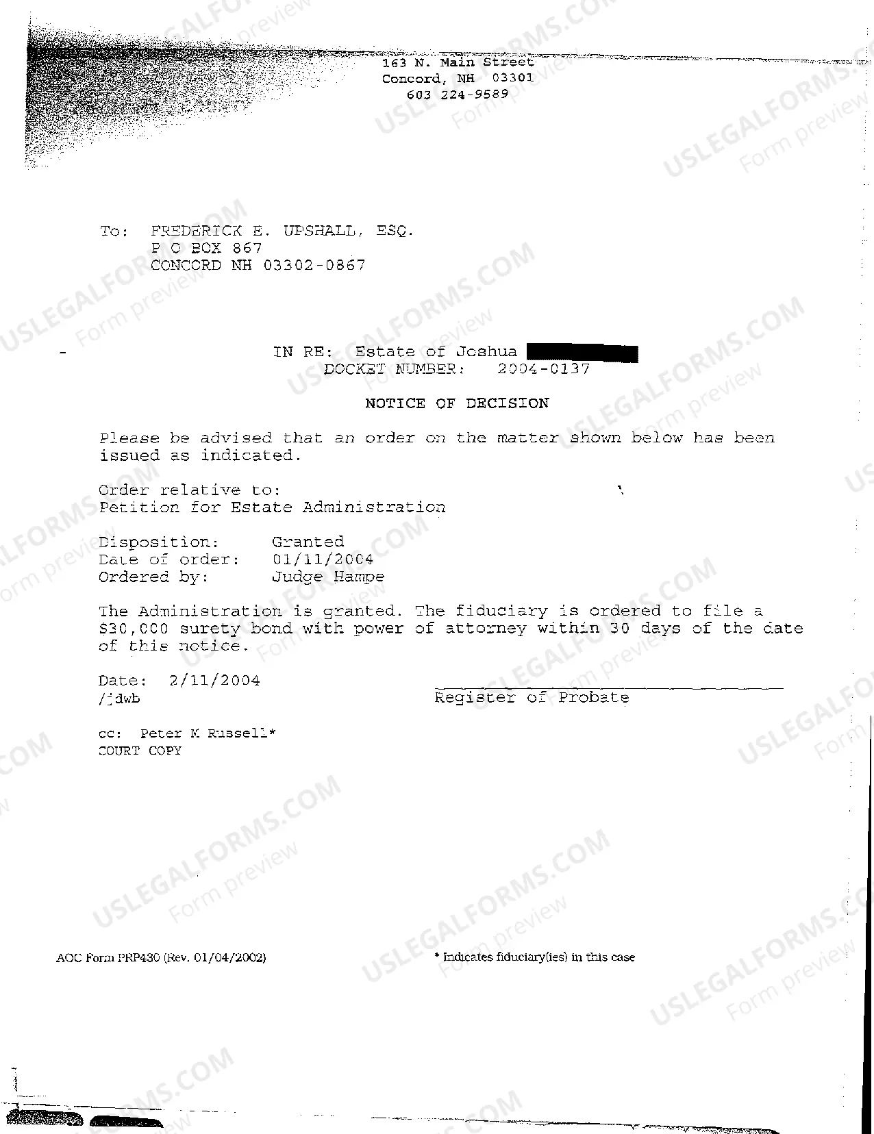 Preview A10 Notice of Decision regarding Estate Administration Without Will