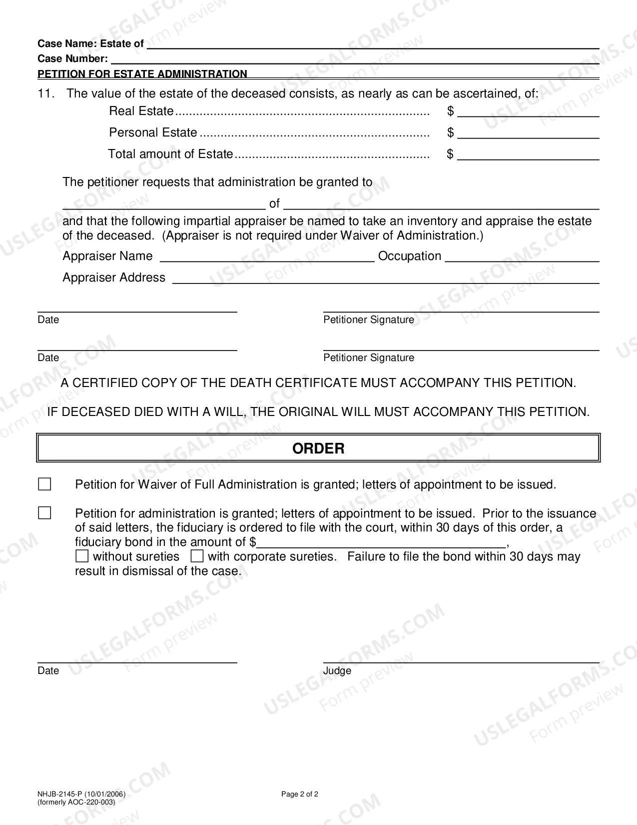 Preview A01 Petition for Estate Administration Without Will