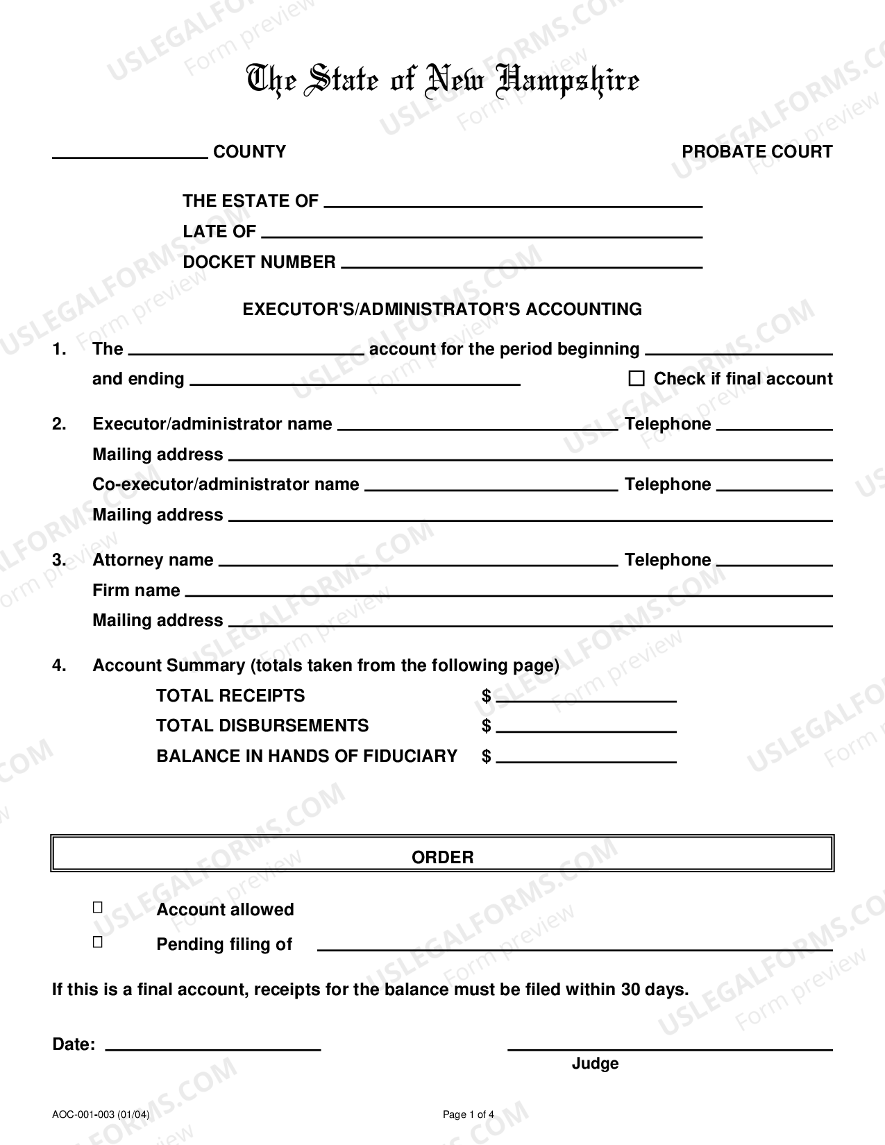 New Hampshire Executor's Accounting US Legal Forms