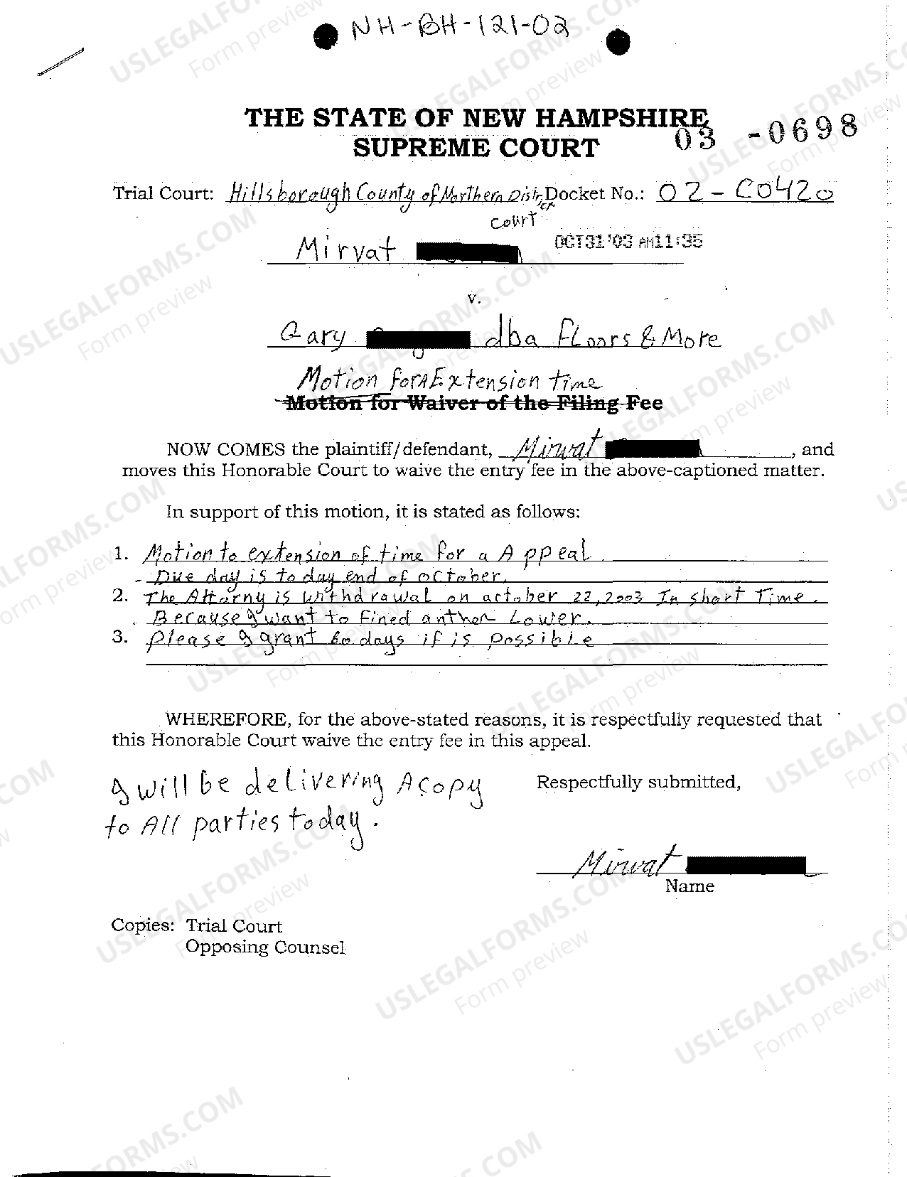 New Hampshire Motion for a Extension Time US Legal Forms