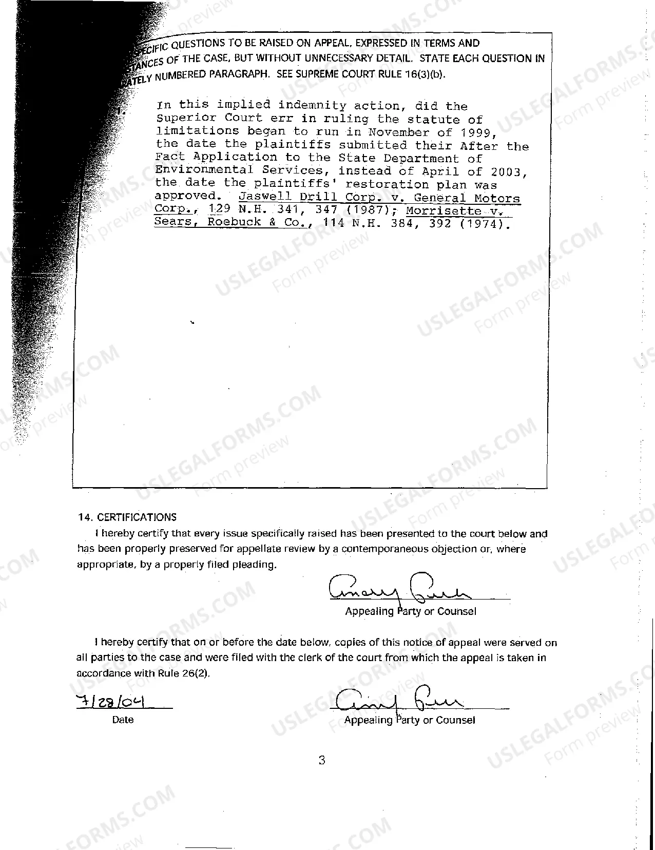 Preview A01 Rule 7 Notice of Mandatory Appeal regarding Indemnity for Wetlands Violations