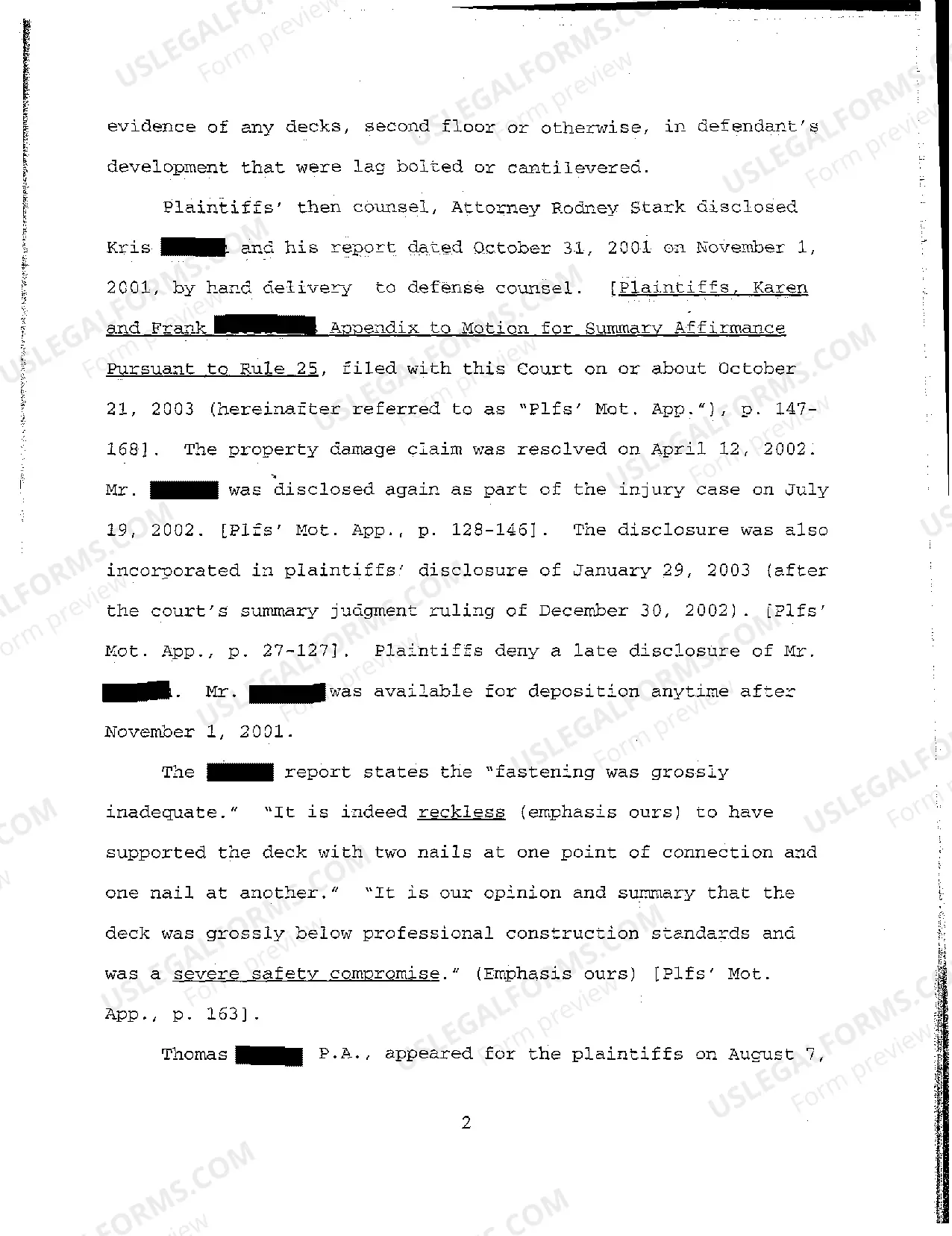 Preview A02 Plaintiffs Appellees' Brief regarding Personal Injury to Appellee Due to Injury Sustained When Deck Collapsed