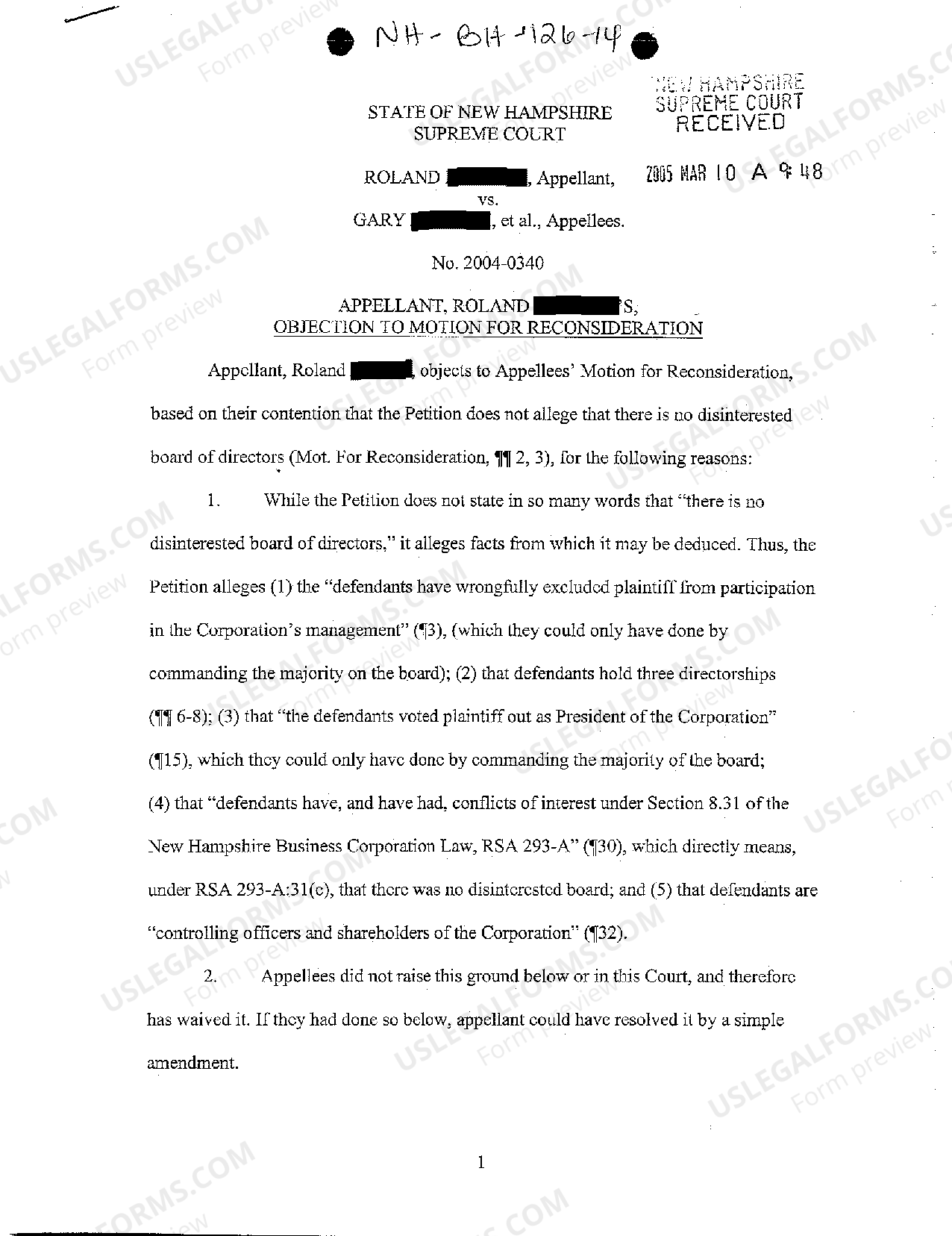 New Hampshire Appellants' Objection to Motion for Reconsideration US