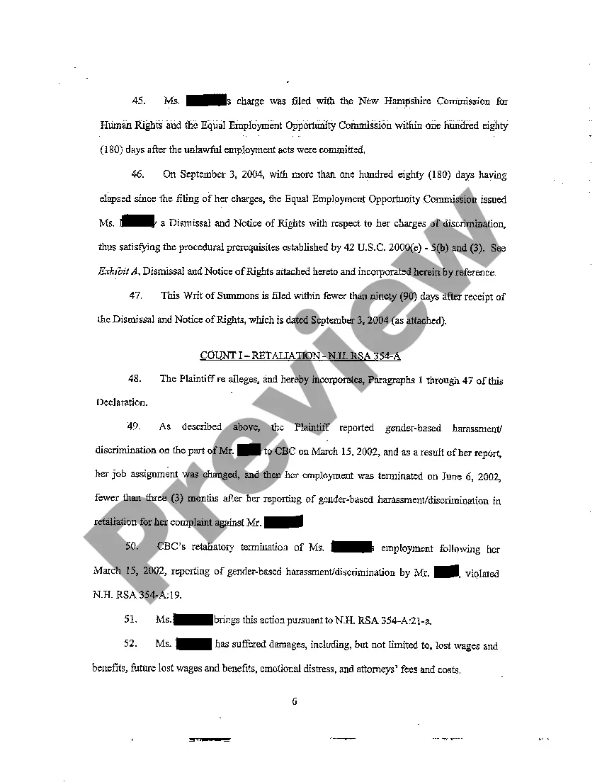 Preview A01 Declaration for Writ of Summons for Wrongful Termination and Employment Discrimination