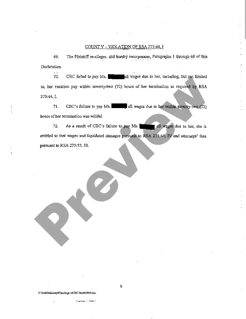 Preview A01 Declaration for Writ of Summons for Wrongful Termination and Employment Discrimination