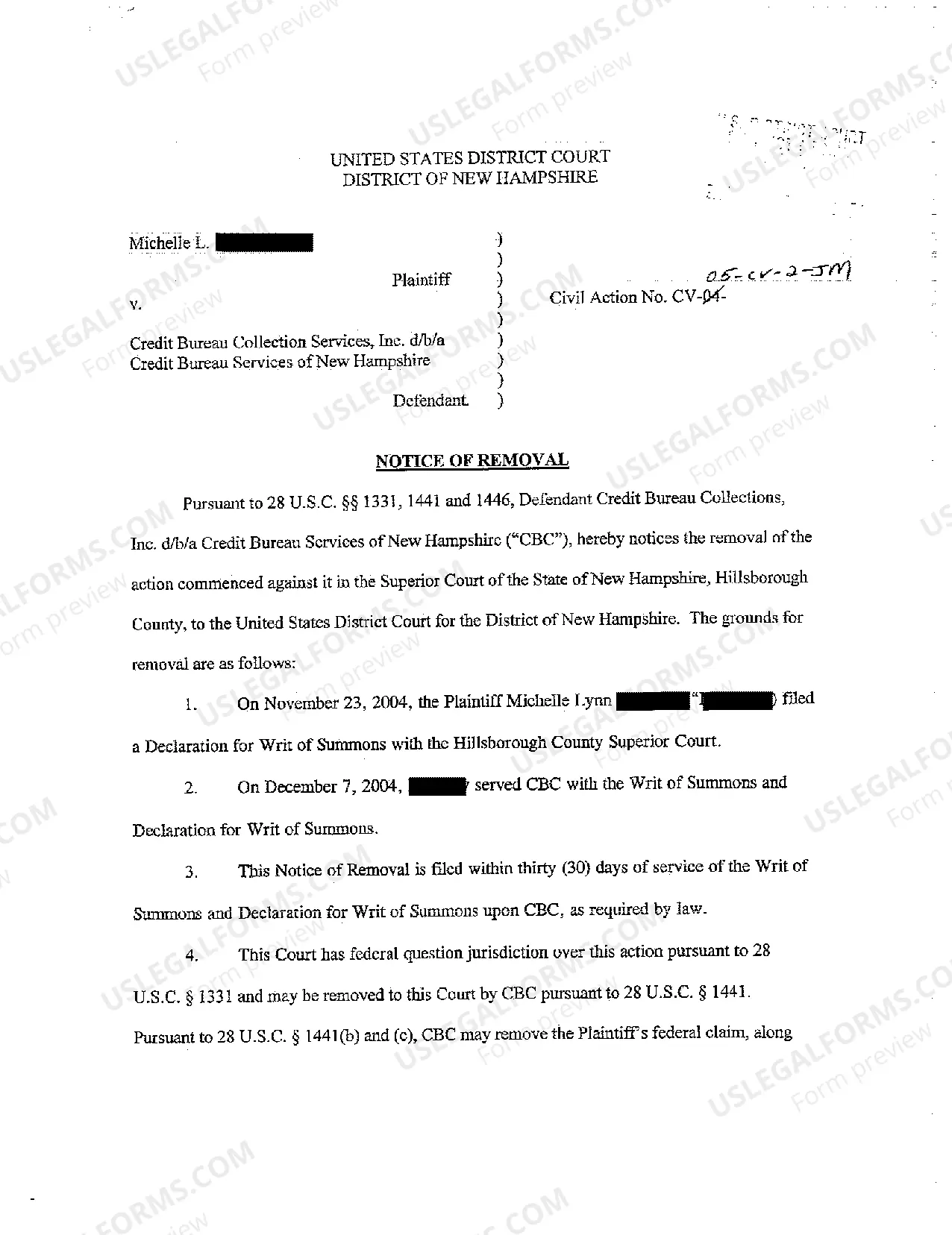 Preview A03 Notice of Filing of Removal to United States District Court