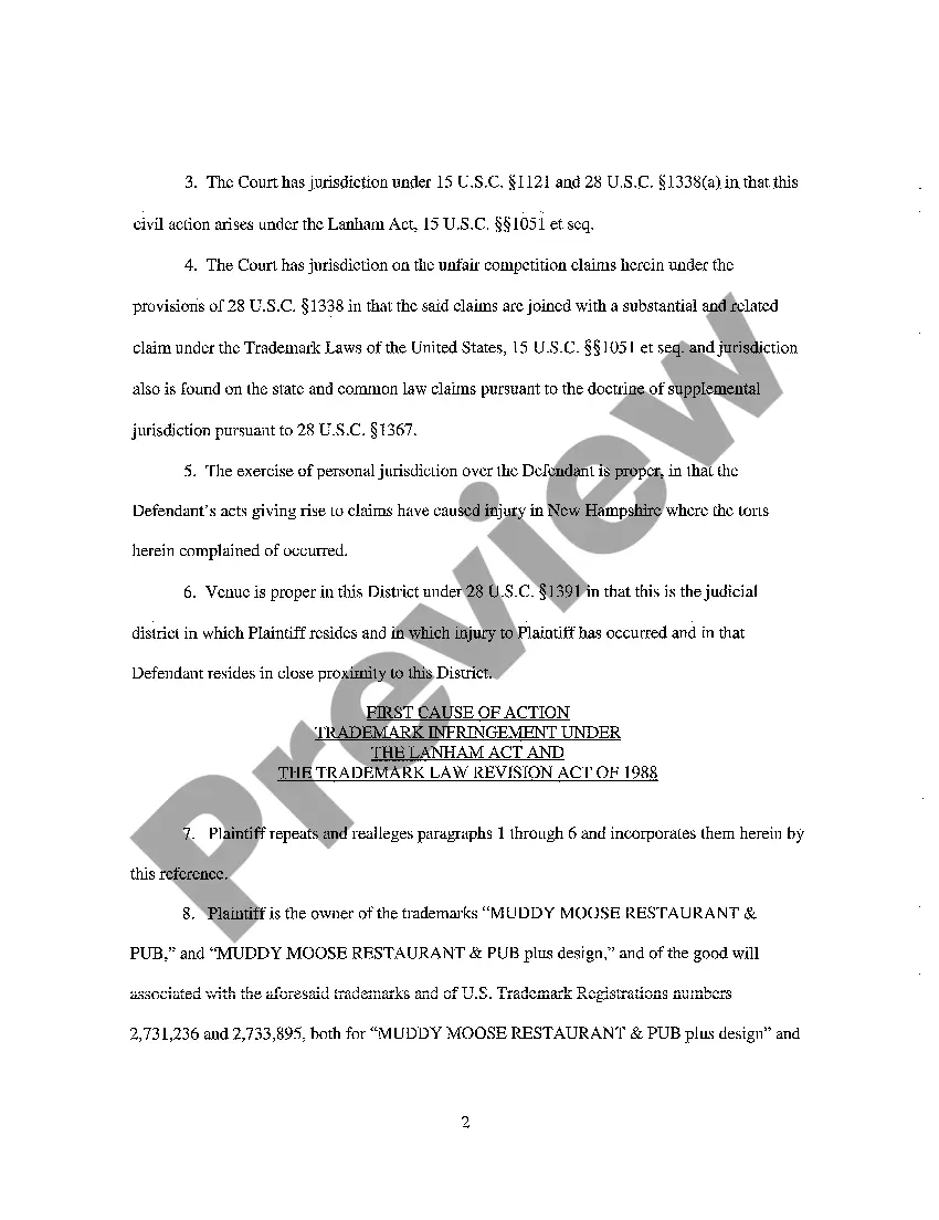 Preview A01 Complaint for Preliminary and Permanent Injunction, Trademark Infringement and Unfair Competition