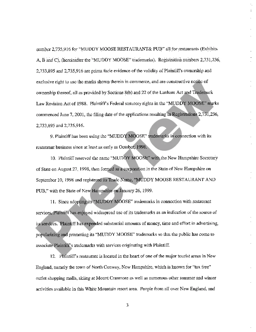 Preview A01 Complaint for Preliminary and Permanent Injunction, Trademark Infringement and Unfair Competition