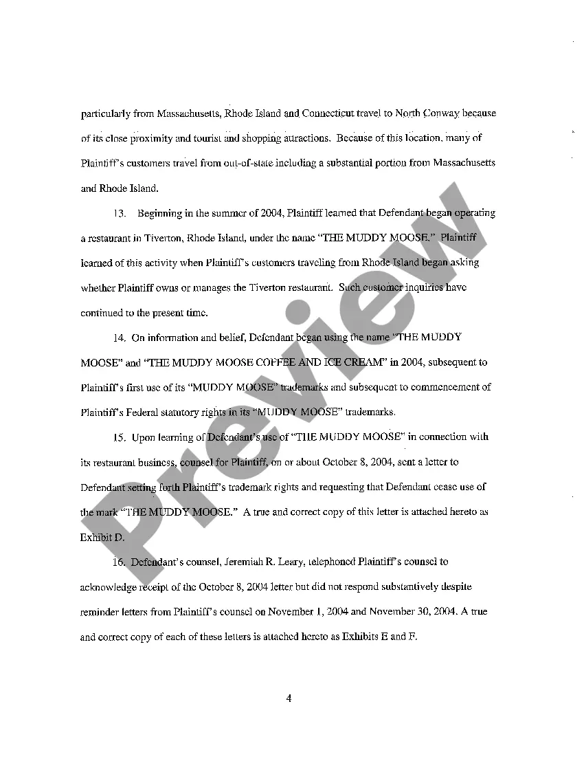 Preview A01 Complaint for Preliminary and Permanent Injunction, Trademark Infringement and Unfair Competition