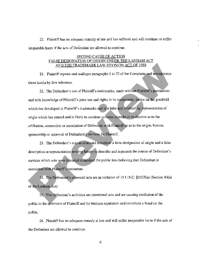 Preview A01 Complaint for Preliminary and Permanent Injunction, Trademark Infringement and Unfair Competition