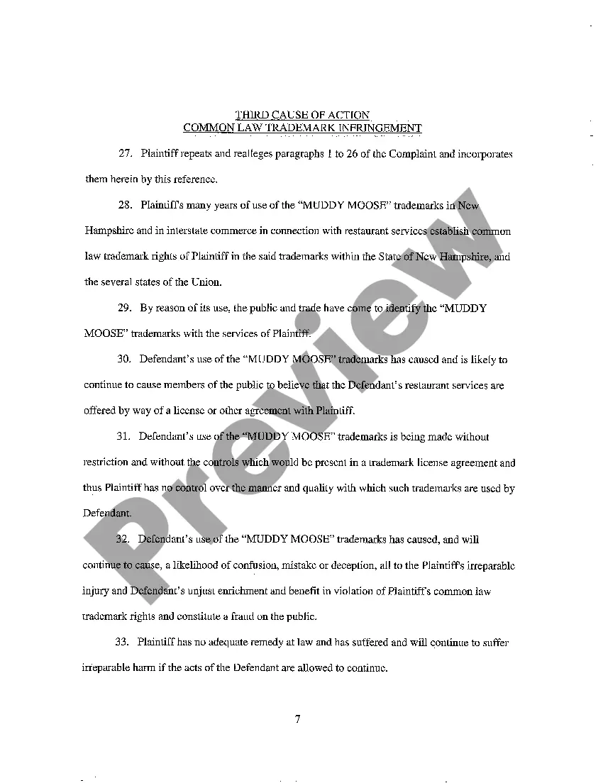 Preview A01 Complaint for Preliminary and Permanent Injunction, Trademark Infringement and Unfair Competition