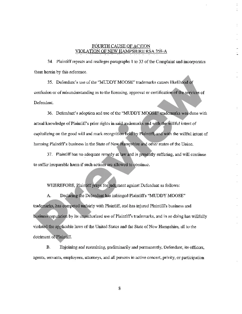 Preview A01 Complaint for Preliminary and Permanent Injunction, Trademark Infringement and Unfair Competition