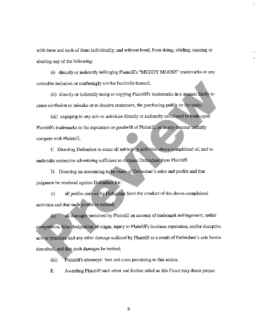 Preview A01 Complaint for Preliminary and Permanent Injunction, Trademark Infringement and Unfair Competition