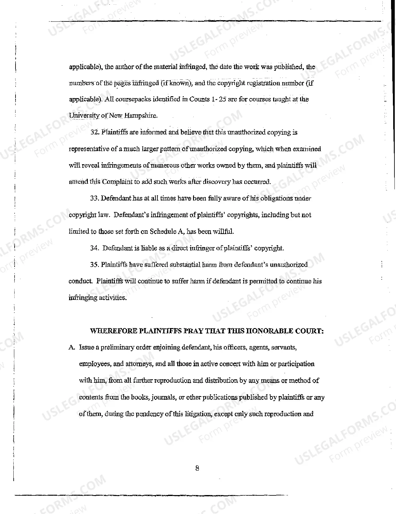 Preview A01 Complaint for Copyright Infringement in "Coursepacking"