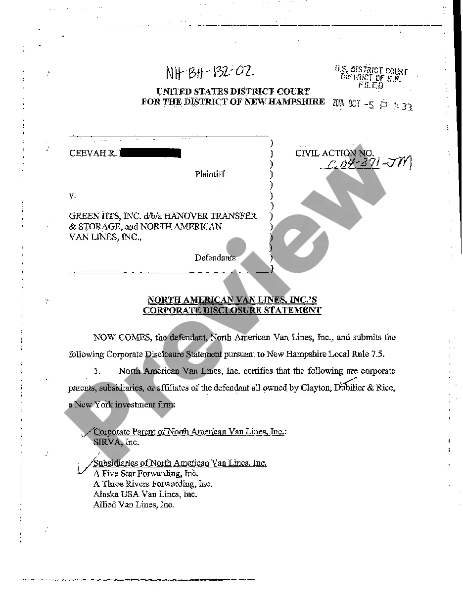 Corporate Disclosure Statement Form Federal Court US Legal Forms