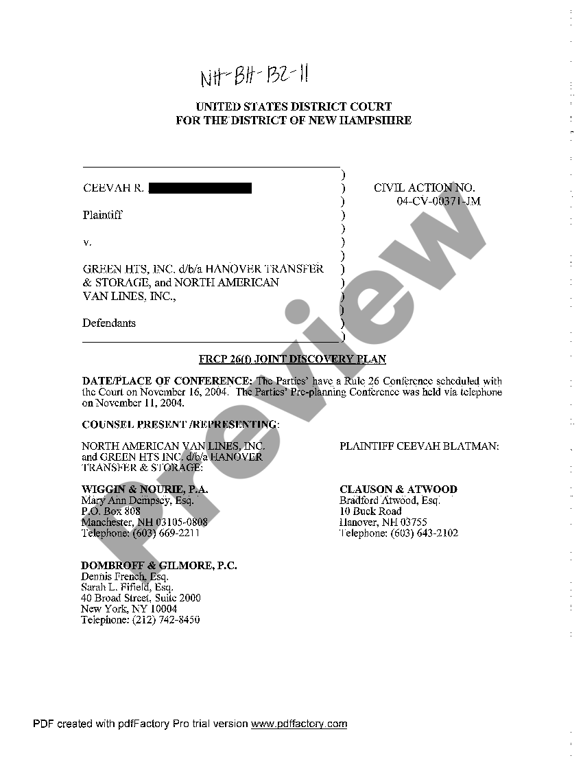 New Hampshire Rule 26 Joint Discovery Plan US Legal Forms