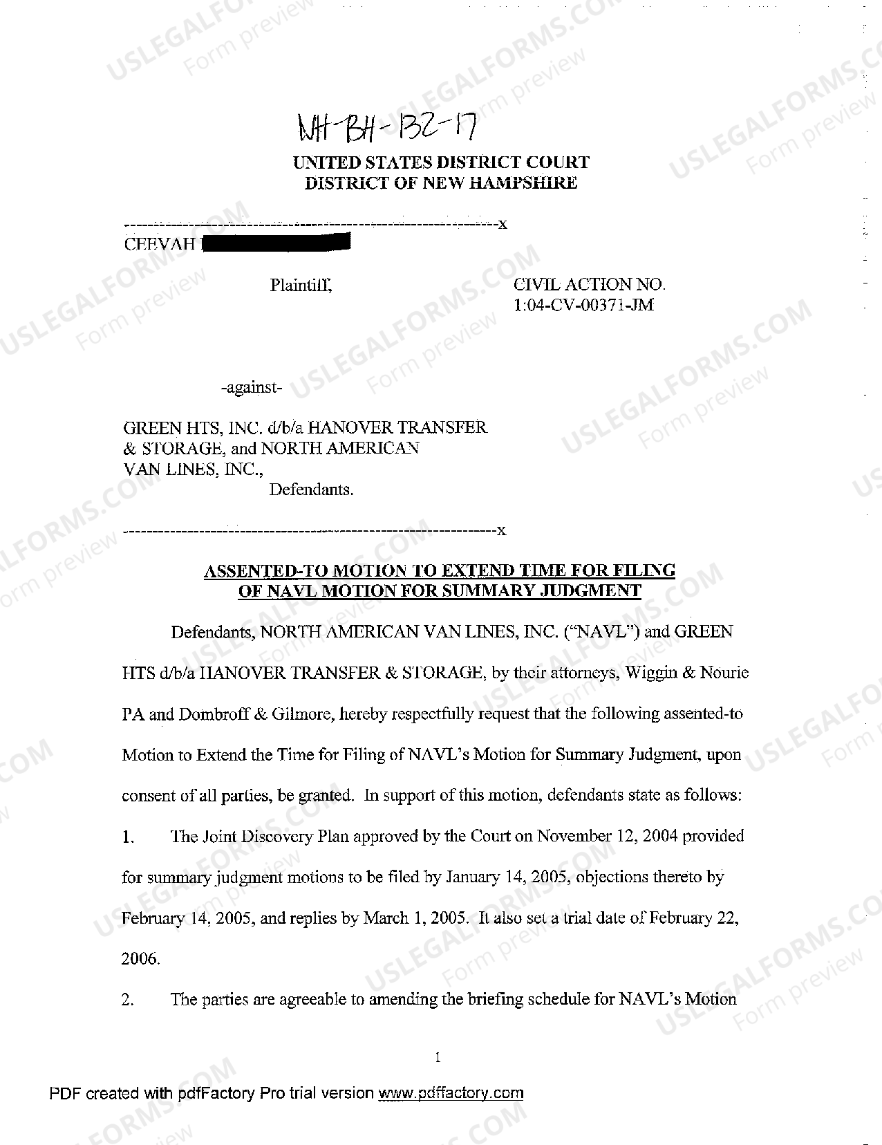 Manchester New Hampshire Assentedto Motion to Extend Time for Filing