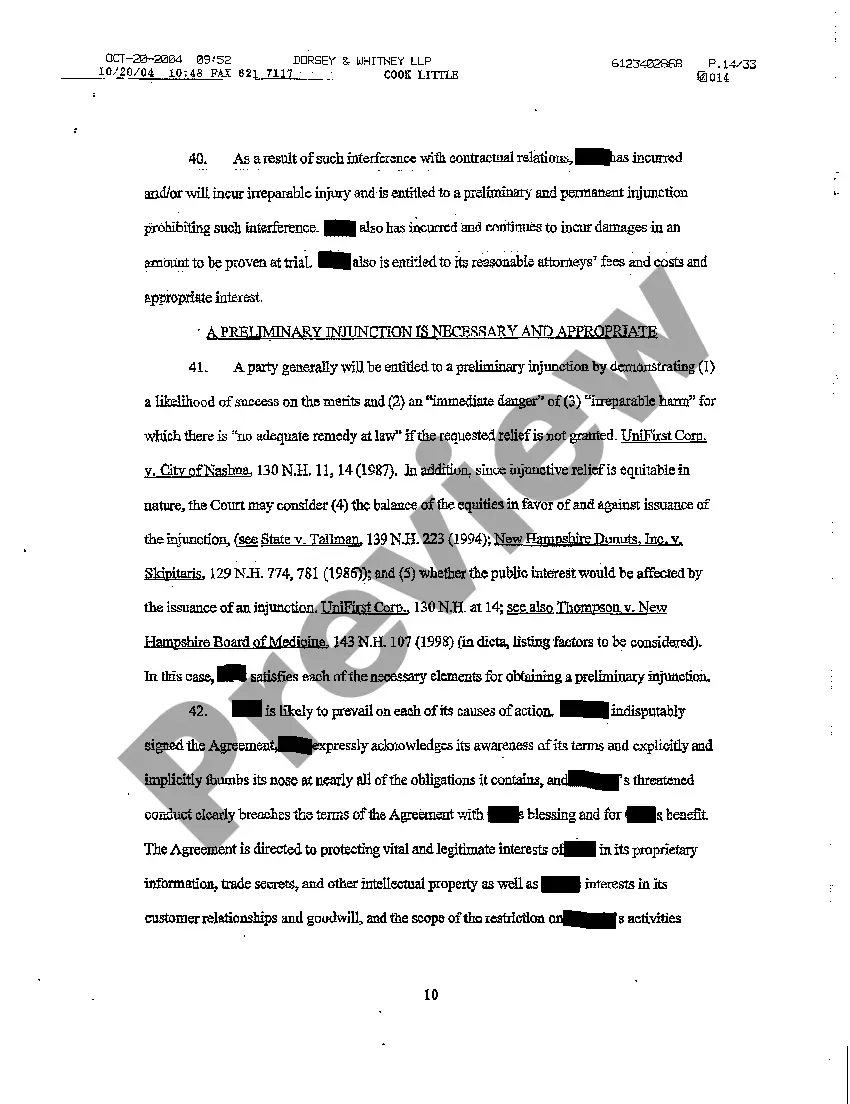 Preview A01 Verified Petition for Injunction for Breach of Noncompete and Trade Secrets Employment Contract