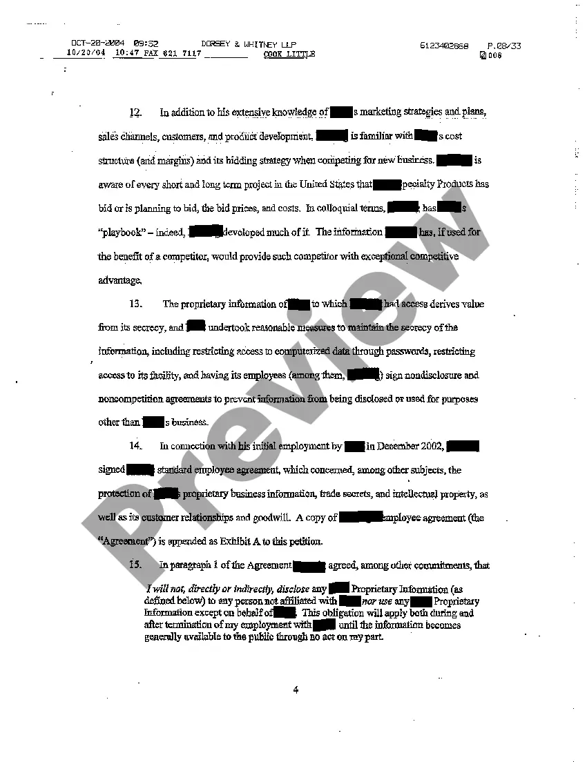 Preview A01 Verified Petition for Injunction for Breach of Noncompete and Trade Secrets Employment Contract