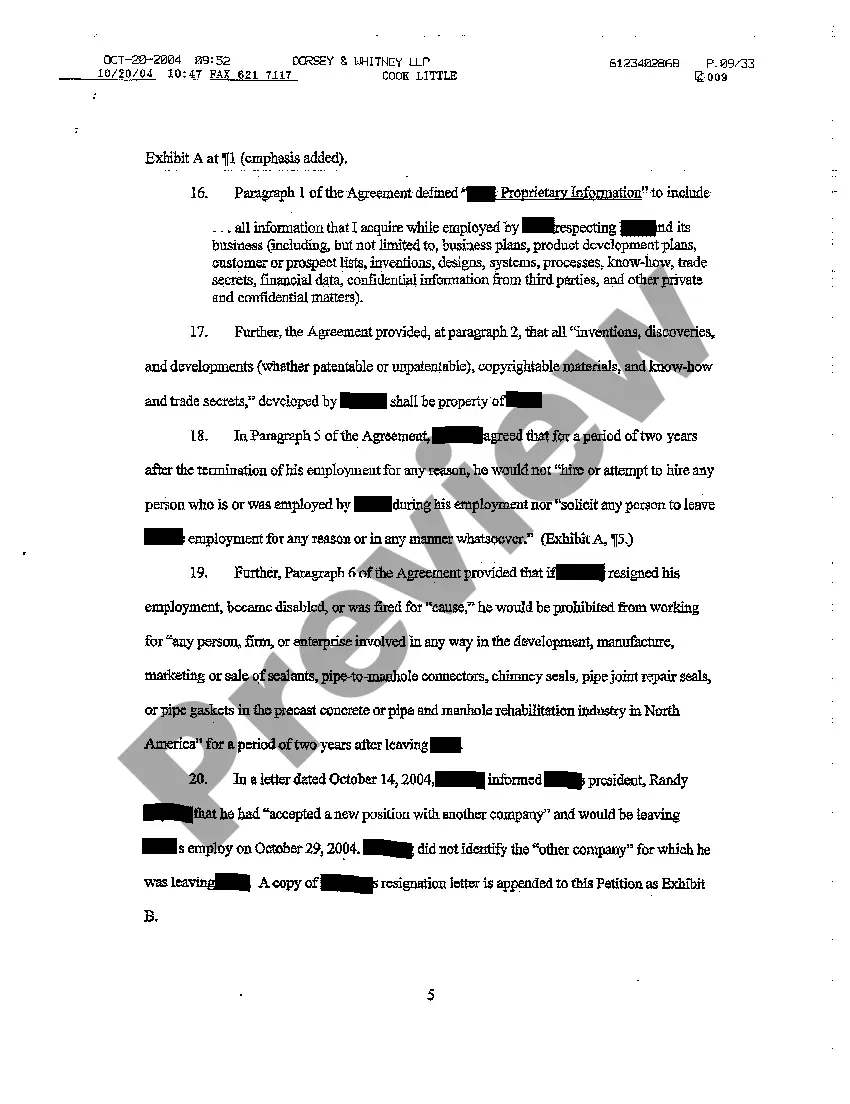 Preview A01 Verified Petition for Injunction for Breach of Noncompete and Trade Secrets Employment Contract