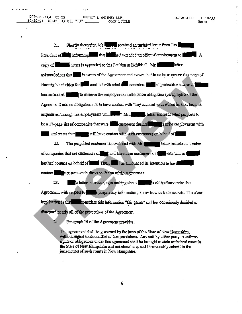 Preview A01 Verified Petition for Injunction for Breach of Noncompete and Trade Secrets Employment Contract