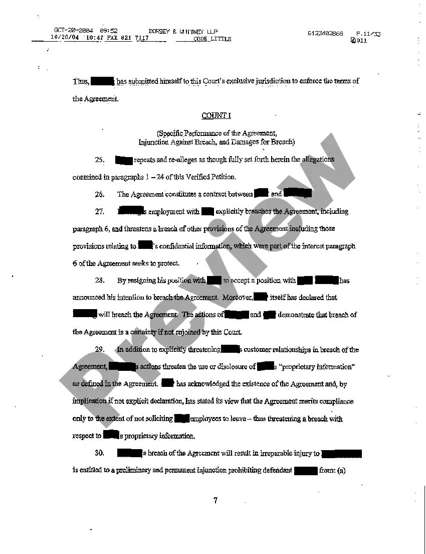 Preview A01 Verified Petition for Injunction for Breach of Noncompete and Trade Secrets Employment Contract