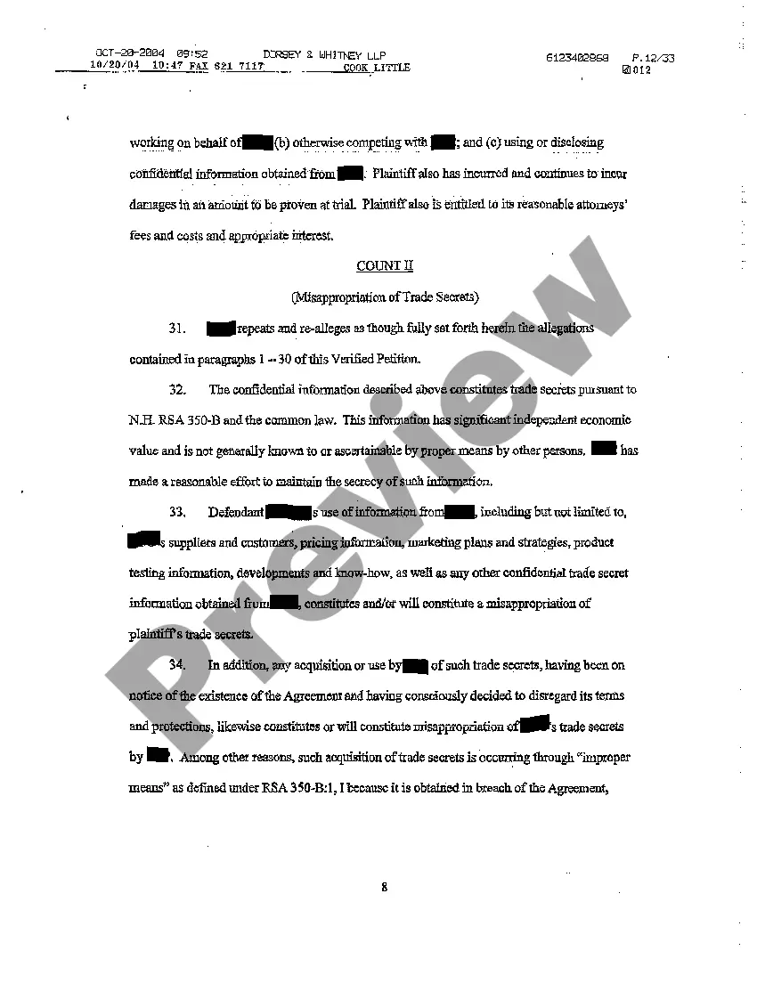 Preview A01 Verified Petition for Injunction for Breach of Noncompete and Trade Secrets Employment Contract