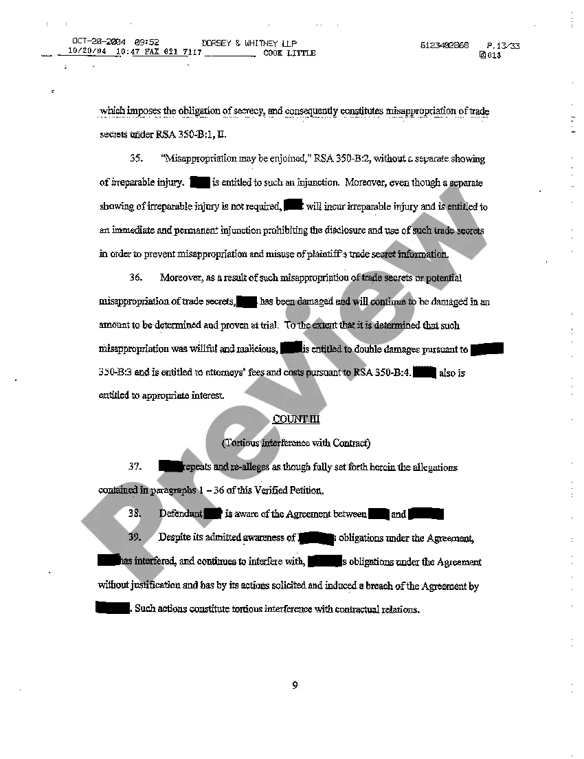 Preview A01 Verified Petition for Injunction for Breach of Noncompete and Trade Secrets Employment Contract