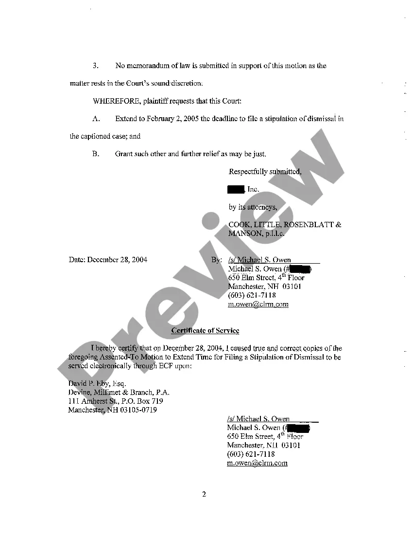 Preview A13 Assented-to Motion to Extend Time for Filing Stipulation of Dismissal