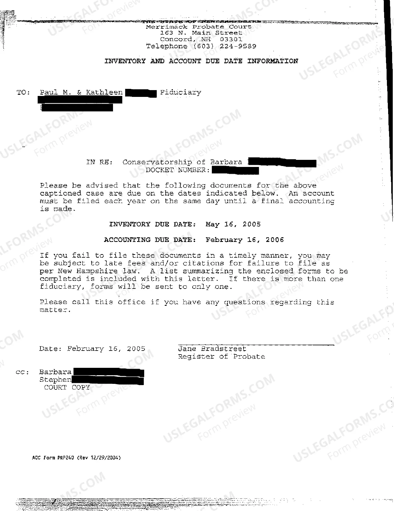 Preview A02 Order Transferring Fiduciary Bond to Conservator ship