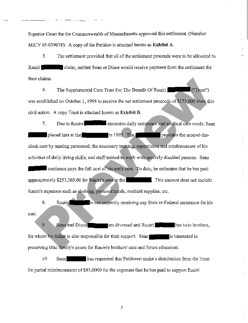 Get A01 Petition to Authorize Distribution From The Supplemental Care Trust for the Benefit of Incapacitated Preview A01 Petition to Authorize Distribution From The Supplemental Care Trust for the Benefit of Incapacitated