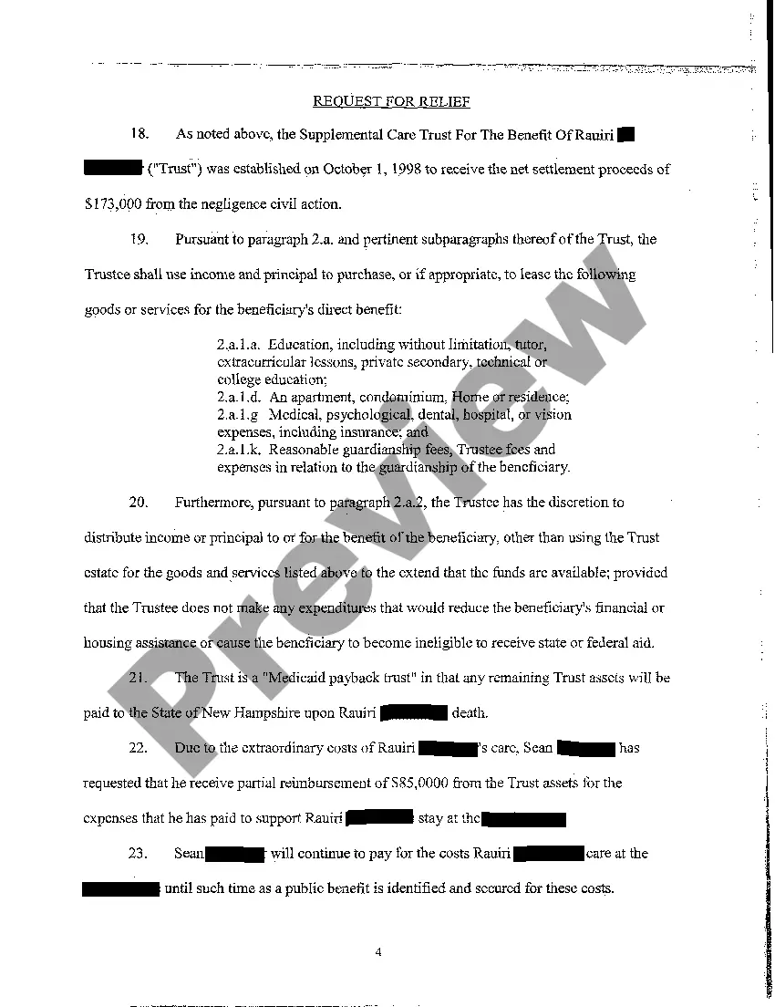 Get A01 Petition to Authorize Distribution From The Supplemental Care Trust for the Benefit of Incapacitated Preview A01 Petition to Authorize Distribution From The Supplemental Care Trust for the Benefit of Incapacitated