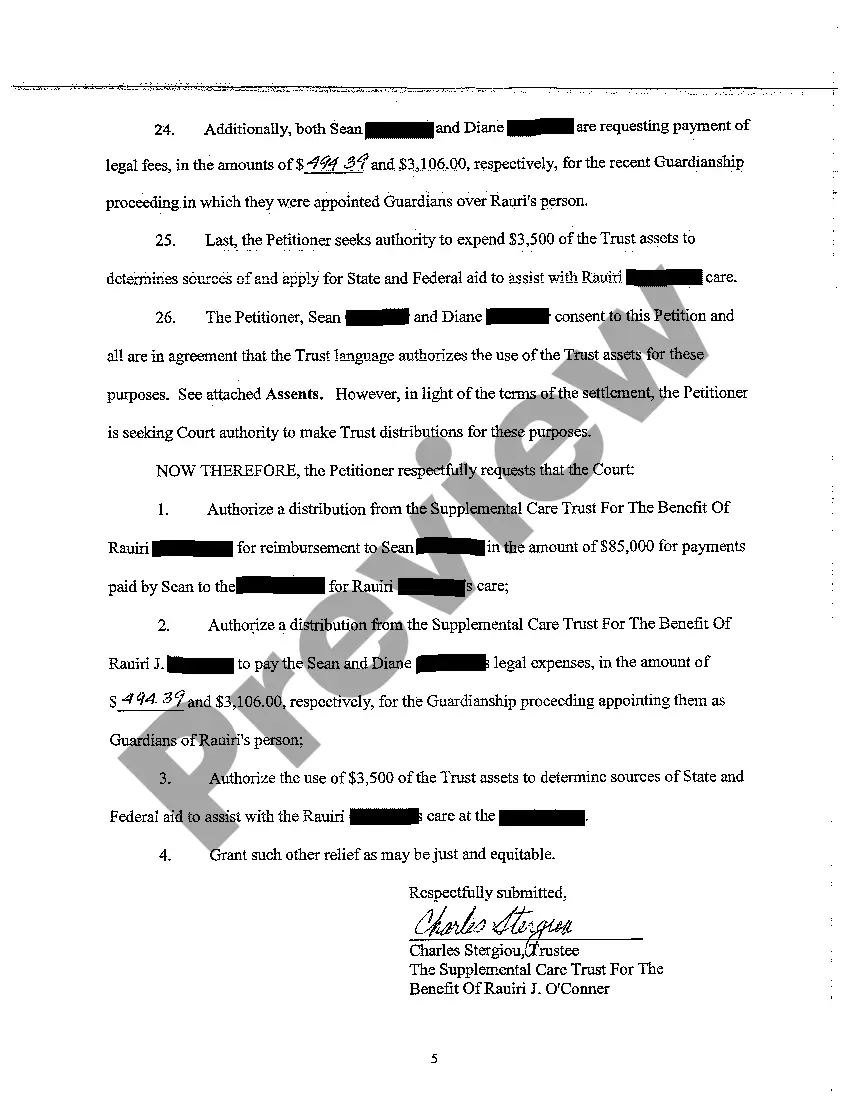 Get A01 Petition to Authorize Distribution From The Supplemental Care Trust for the Benefit of Incapacitated Preview A01 Petition to Authorize Distribution From The Supplemental Care Trust for the Benefit of Incapacitated