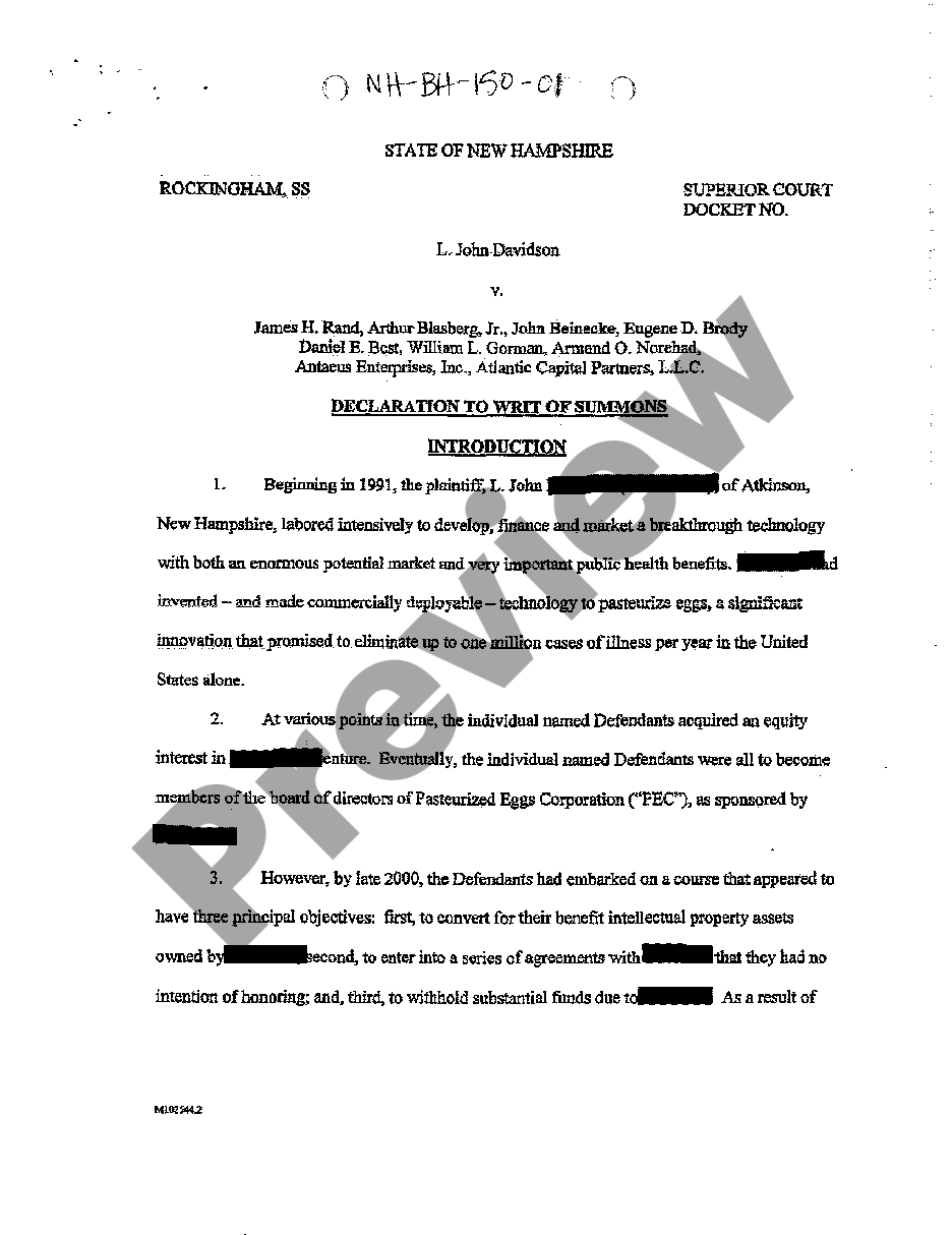 New Hampshire Declaration to Writ of Summons Breach of Contract and ...