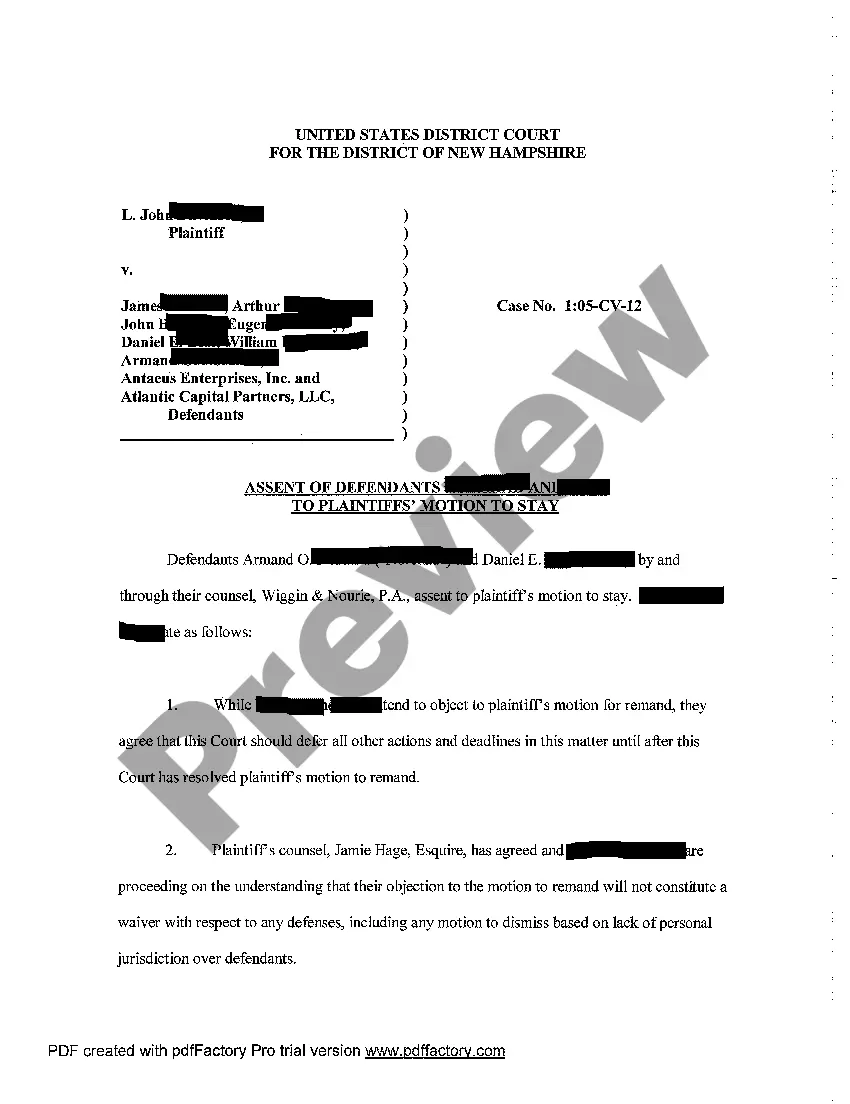 Get A04 Assent of Defendants to Plaintiffs' Motion to Stay Preview A04 Assent of Defendants to Plaintiffs' Motion to Stay