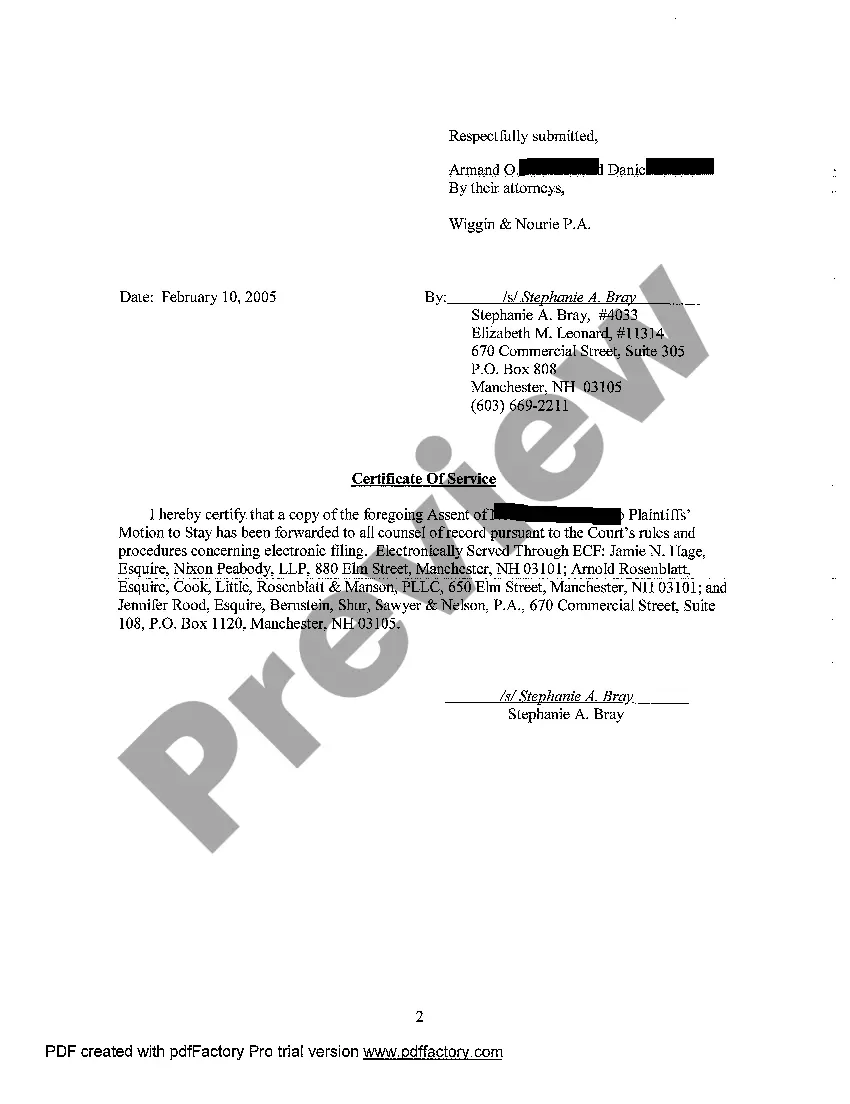 Get A04 Assent of Defendants to Plaintiffs' Motion to Stay Preview A04 Assent of Defendants to Plaintiffs' Motion to Stay