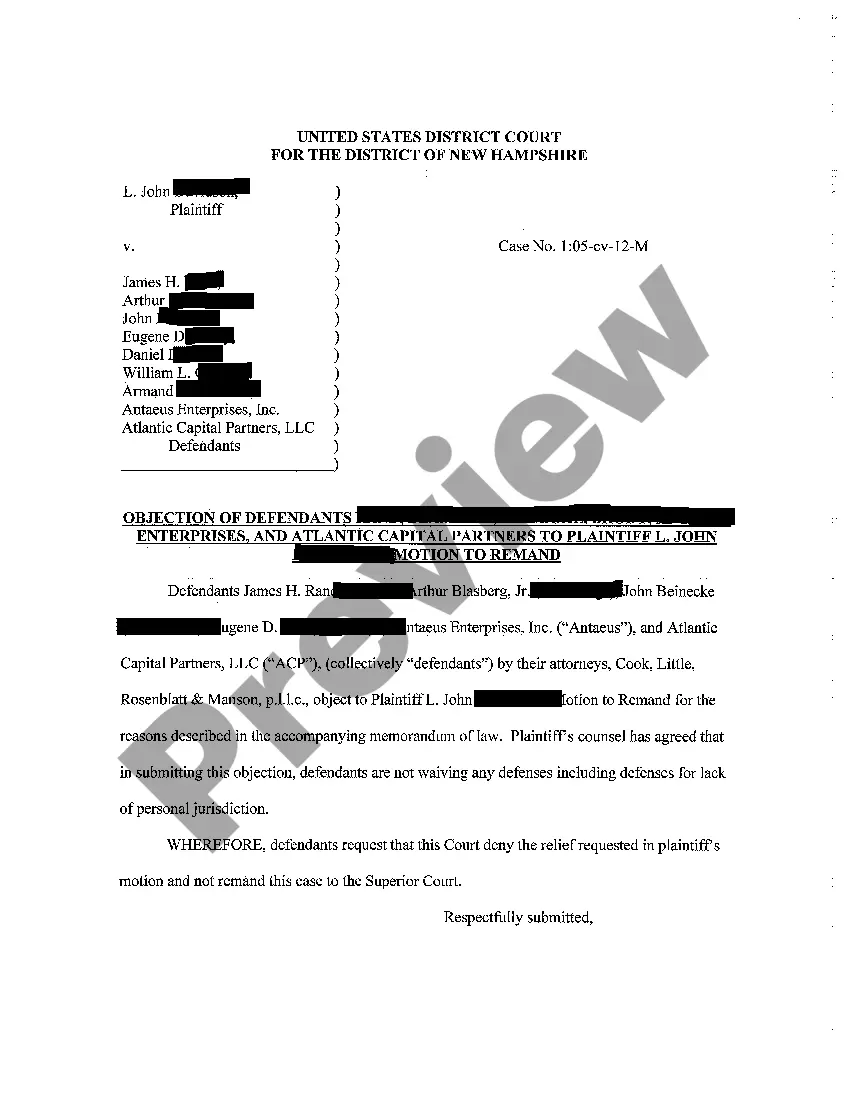 Get A05 Defendants' Objection to Plaintiff's Motion to Remand to State Court Preview A05 Defendants' Objection to Plaintiff's Motion to Remand to State Court