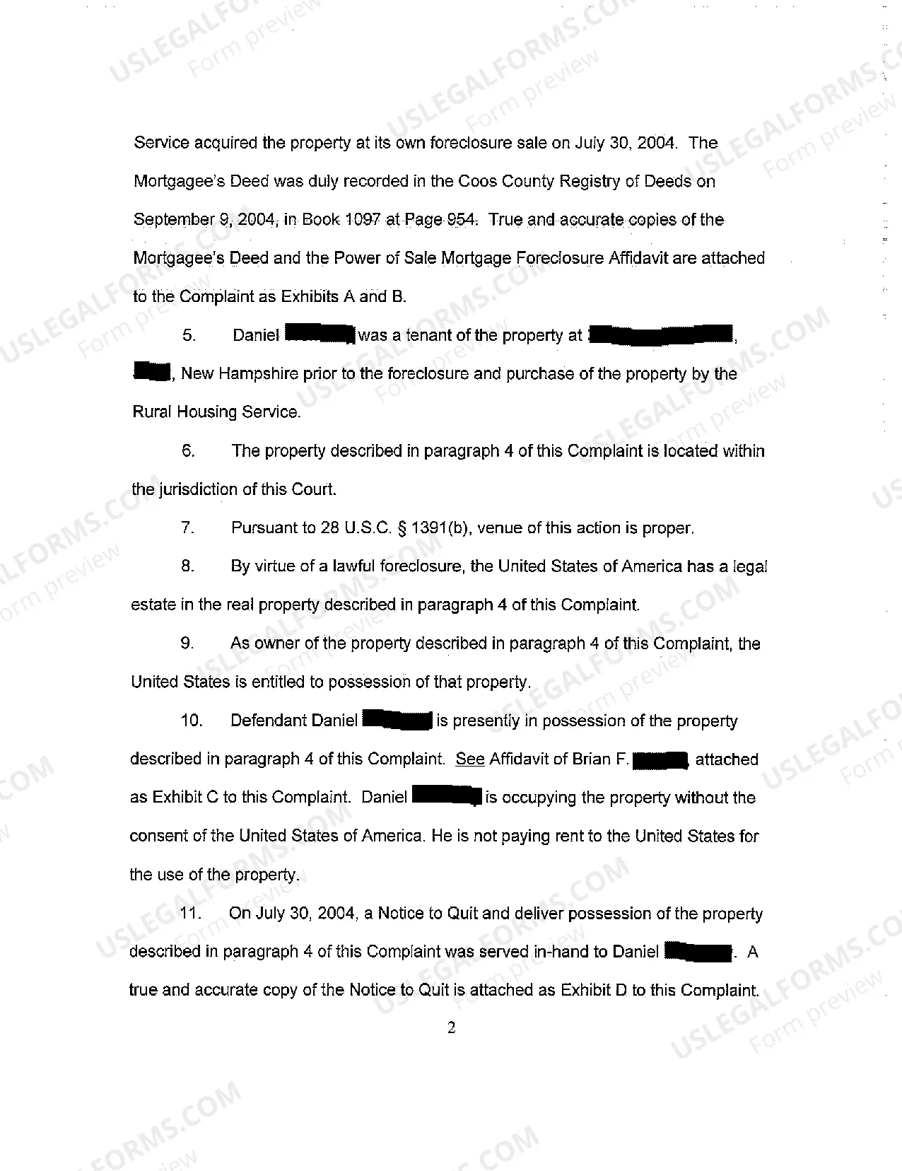 Preview A01 Complaint for Ejectment from Rural Housing Service Property and Quiet Title