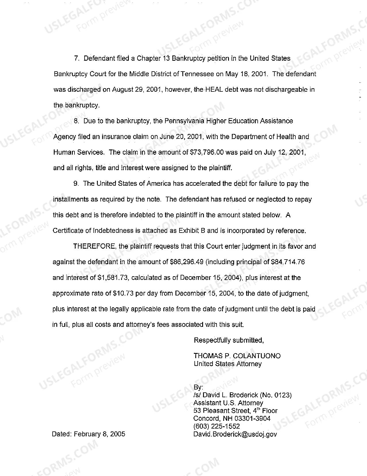 Preview Complaint for Student Loan Repayment by United States After Defendant Declared Chapter 13 Bankruptcy