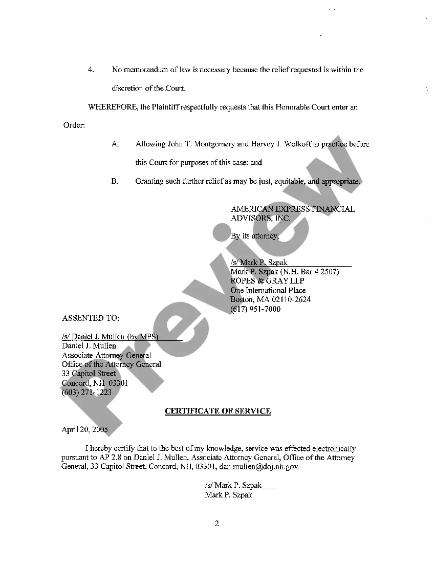 Get A08 Assented-to Motion for Leave to Allow Plaintiff's Attorneys' to Appear Pro Hac Vice Preview A08 Assented-to Motion for Leave to Allow Plaintiff's Attorneys' to Appear Pro Hac Vice