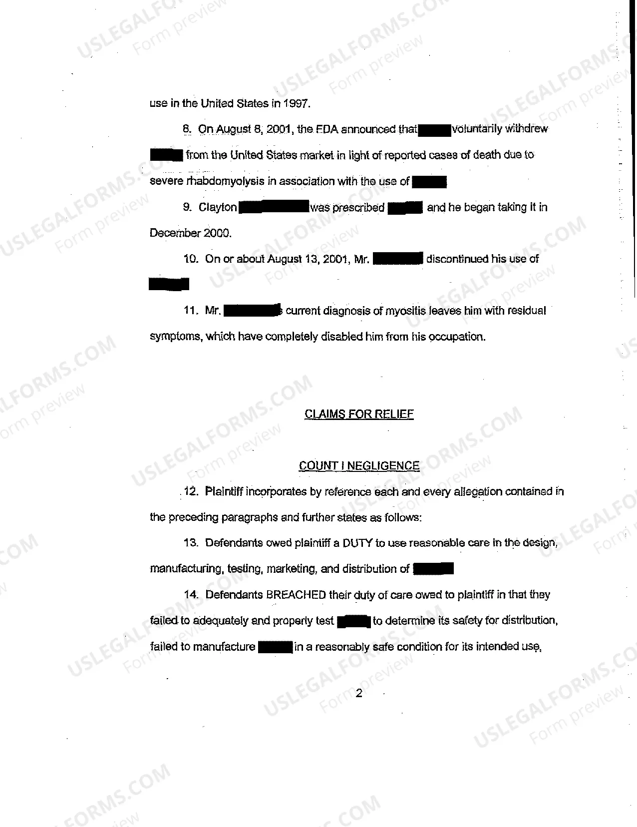 Preview A01 Complaint for Strict Liability, Negligence in Manufacture and Sale of Baycol Resulting in Personal Injury to Plaintiff