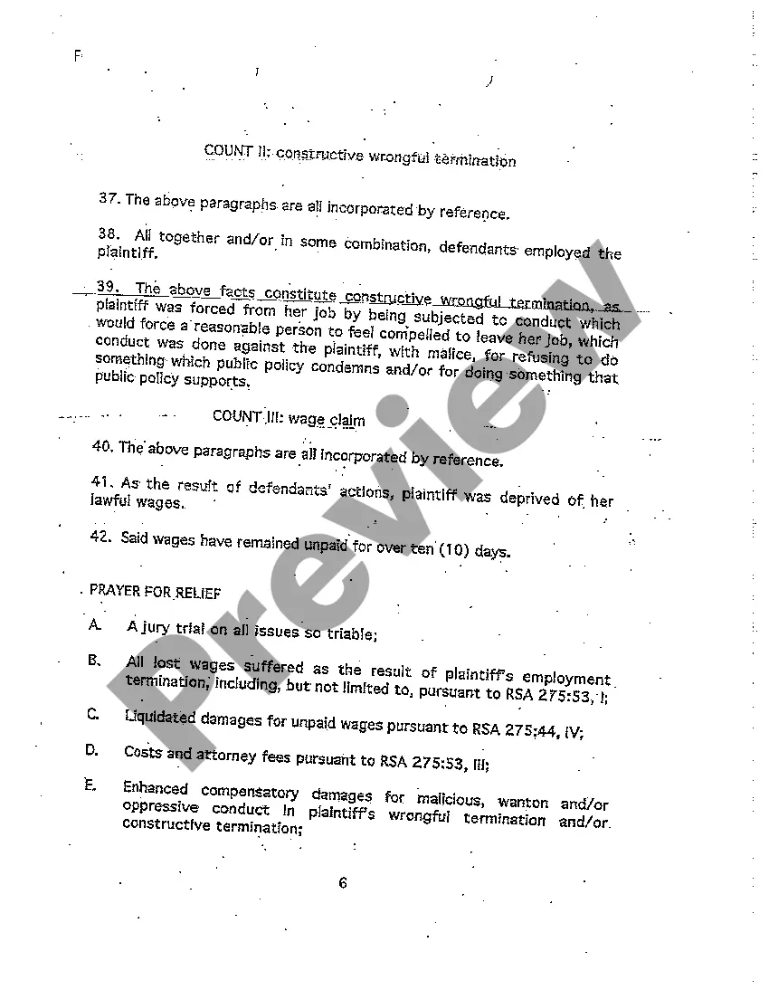 Preview A01 Petition for Wages and Claims for Wrongful Termination