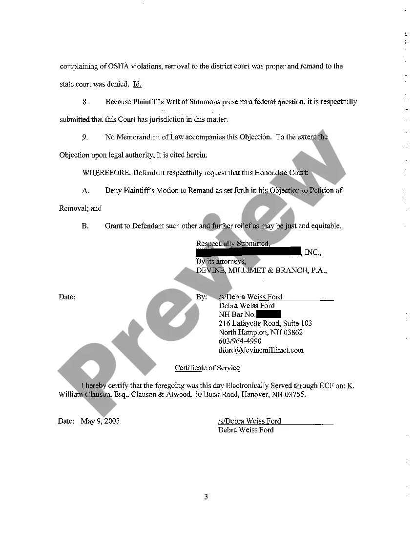 Get A10 Defendant's Objection to Plaintiff's Motion to Remand Preview A10 Defendant's Objection to Plaintiff's Motion to Remand