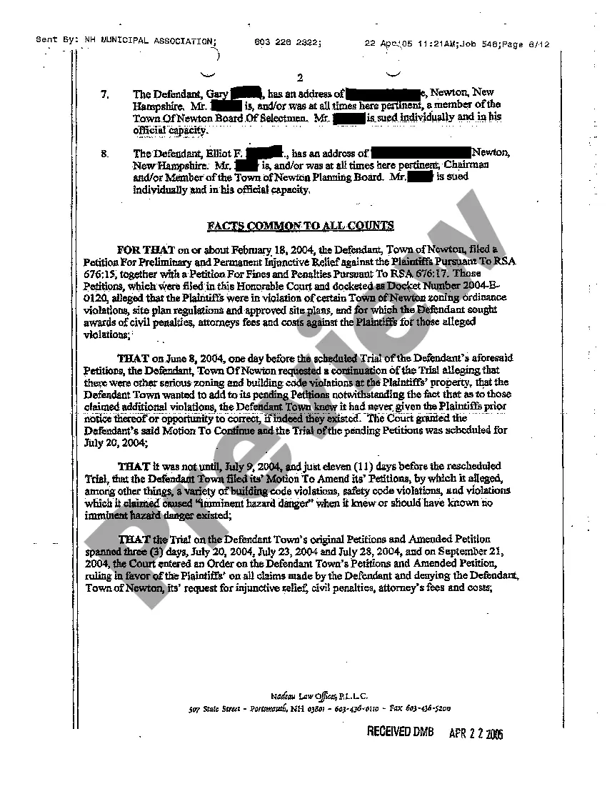Preview A01 Complaint Against Municipality for Malicious Prosecution and Abuse of Civil Process regarding Zoning Ordinance Compliance