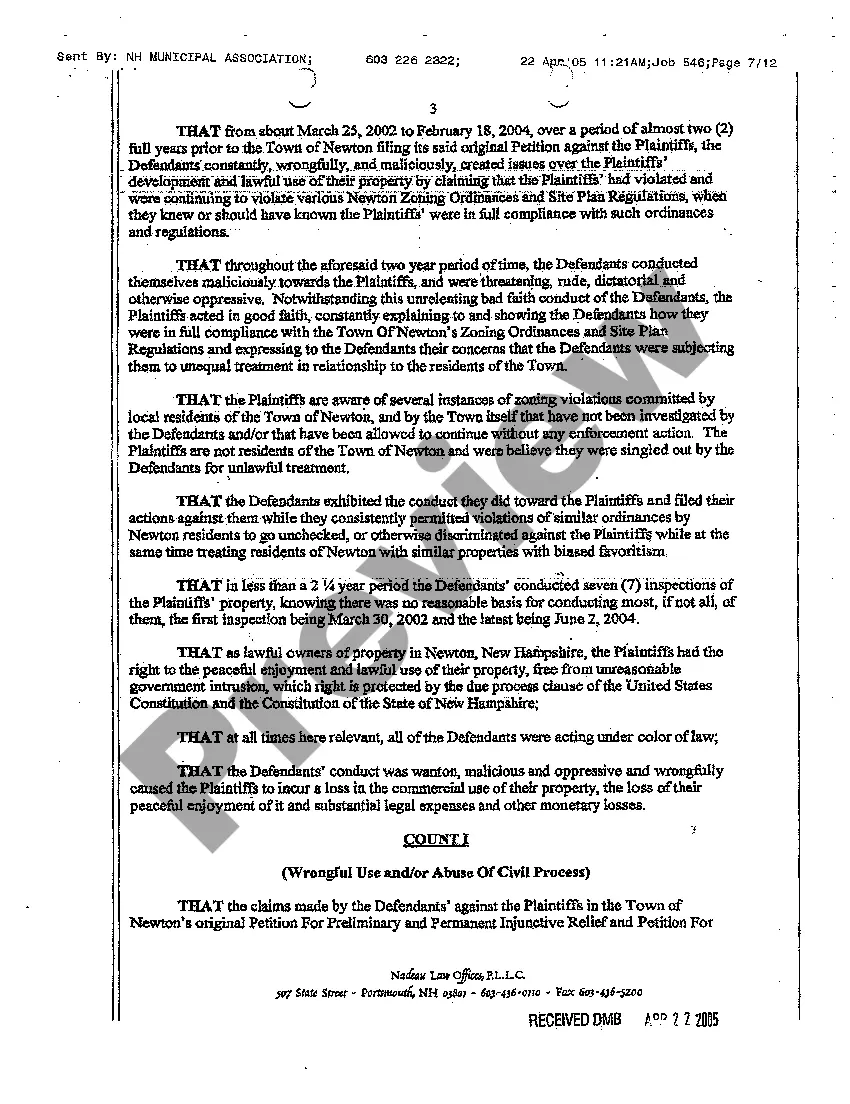Preview A01 Complaint Against Municipality for Malicious Prosecution and Abuse of Civil Process regarding Zoning Ordinance Compliance